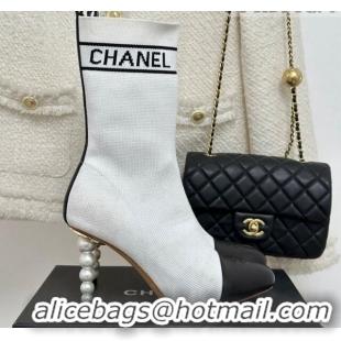 Popular Style Chanel Knit & Calfskin Ankle Boots 8cm with Pearls Heel White 809131