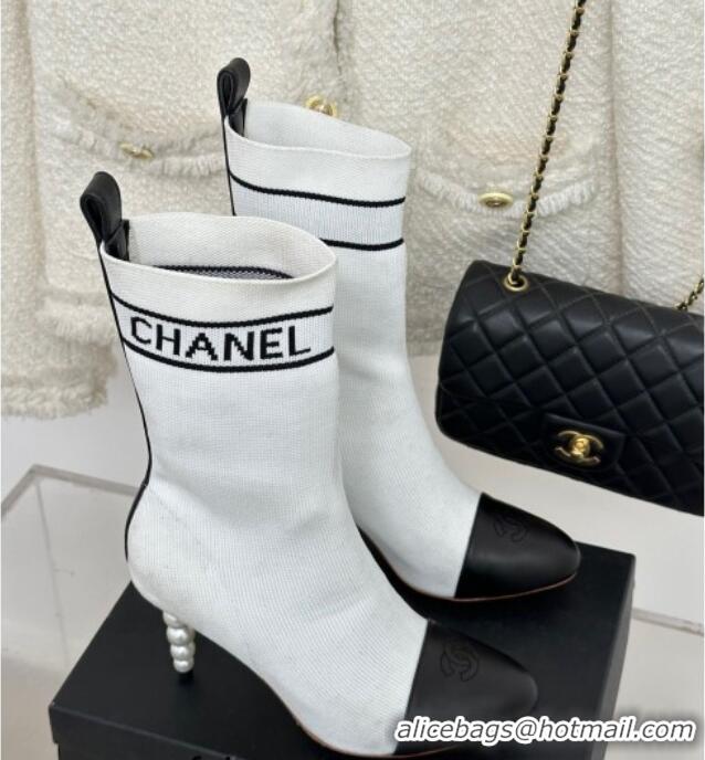 Popular Style Chanel Knit & Calfskin Ankle Boots 8cm with Pearls Heel White 809131