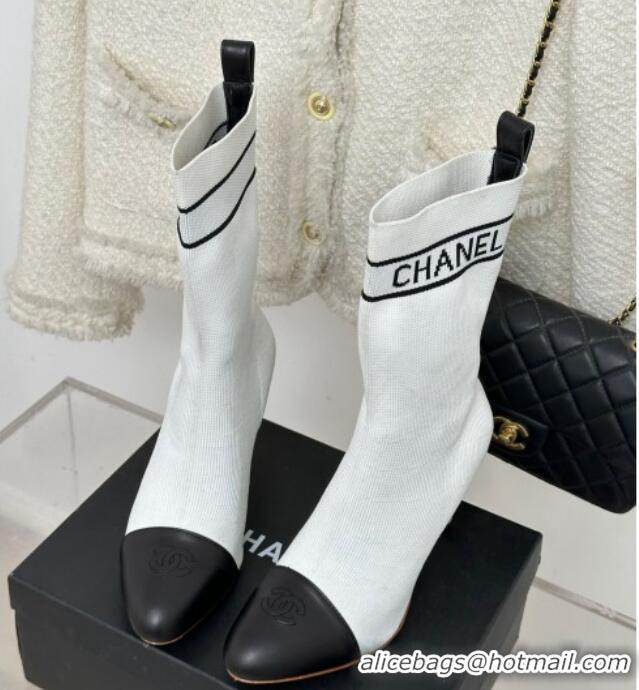 Popular Style Chanel Knit & Calfskin Ankle Boots 8cm with Pearls Heel White 809131