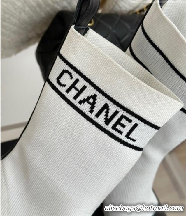 Popular Style Chanel Knit & Calfskin Ankle Boots 8cm with Pearls Heel White 809131