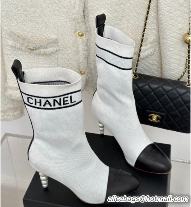 Popular Style Chanel Knit & Calfskin Ankle Boots 8cm with Pearls Heel White 809131