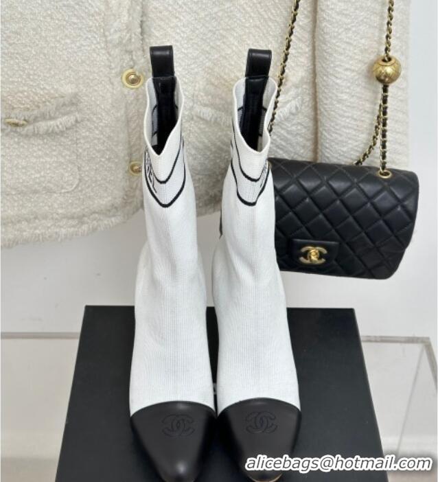 Popular Style Chanel Knit & Calfskin Ankle Boots 8cm with Pearls Heel White 809131