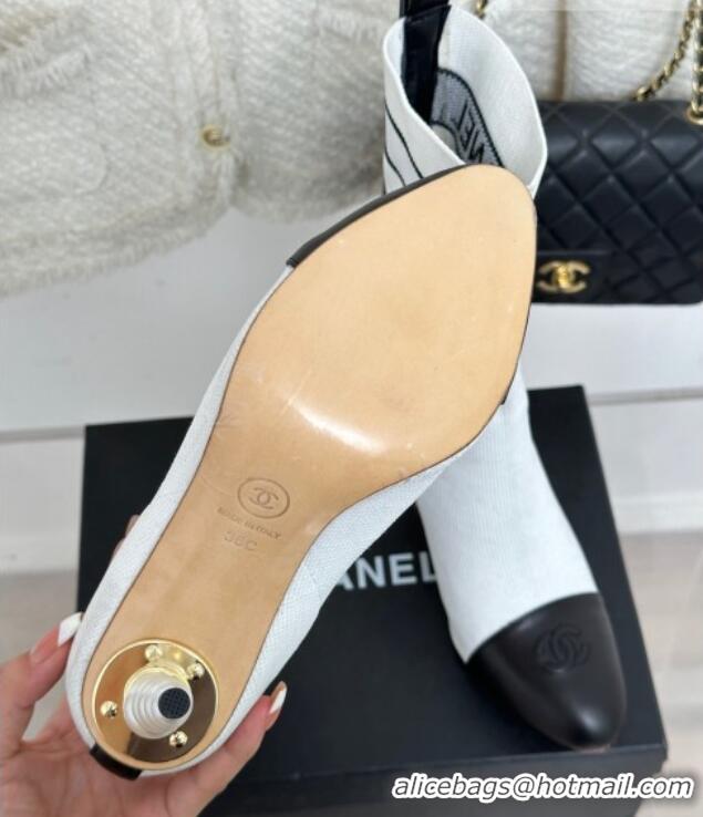 Popular Style Chanel Knit & Calfskin Ankle Boots 8cm with Pearls Heel White 809131