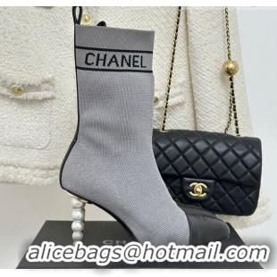 Lower Price Chanel Knit & Calfskin Ankle Boots 8cm with Pearls Heel Grey 809132