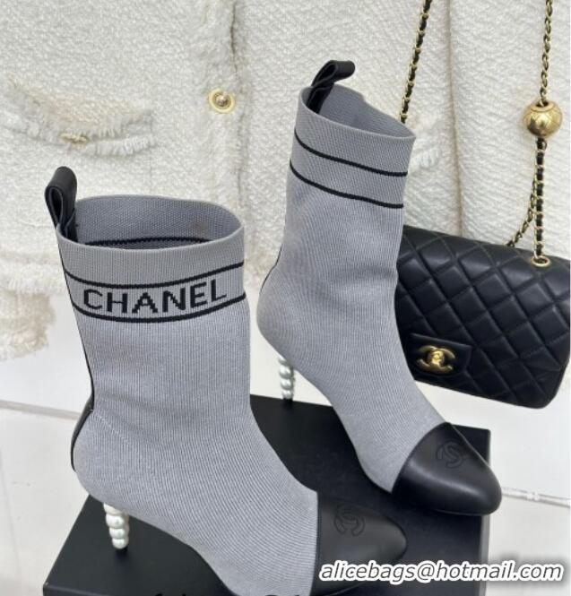 Lower Price Chanel Knit & Calfskin Ankle Boots 8cm with Pearls Heel Grey 809132