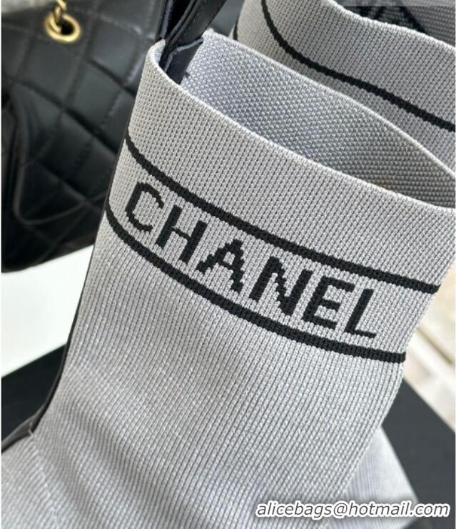 Lower Price Chanel Knit & Calfskin Ankle Boots 8cm with Pearls Heel Grey 809132