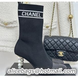 Shop Duplicate Chanel Knit & Calfskin Ankle Boots 8cm with Pearls Heel Black 0809133