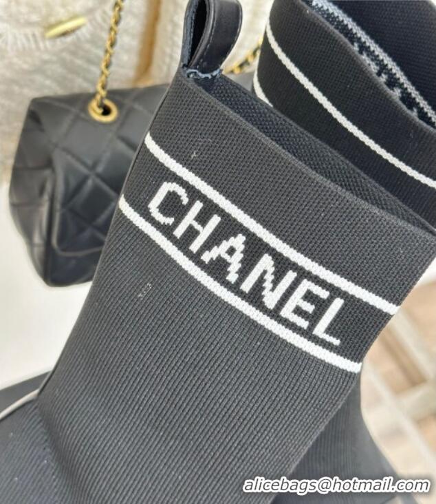 Shop Duplicate Chanel Knit & Calfskin Ankle Boots 8cm with Pearls Heel Black 0809133