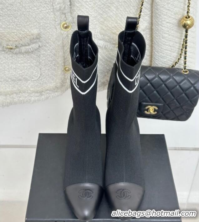 Shop Duplicate Chanel Knit & Calfskin Ankle Boots 8cm with Pearls Heel Black 0809133