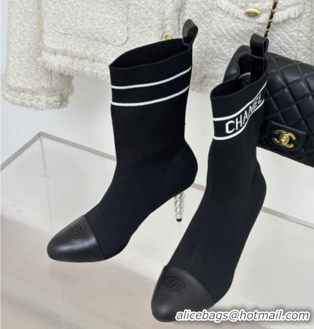 Shop Duplicate Chanel Knit & Calfskin Ankle Boots 8cm with Pearls Heel Black 0809133