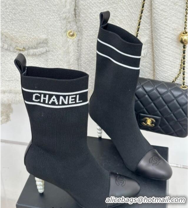 Shop Duplicate Chanel Knit & Calfskin Ankle Boots 8cm with Pearls Heel Black 0809133