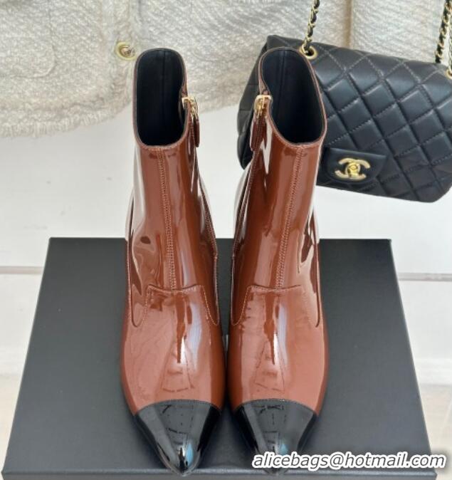 Grade Quality Chanel Patent Calfskin Ankle Boots 5cm Brown 081009