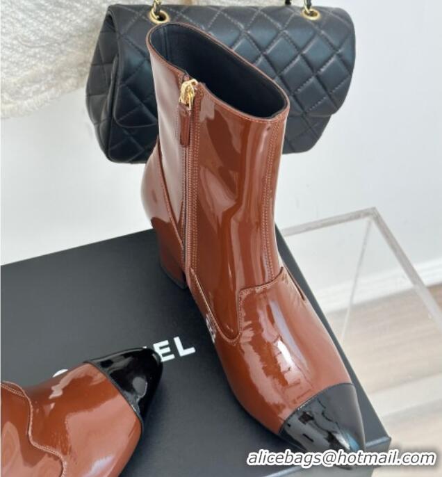 Grade Quality Chanel Patent Calfskin Ankle Boots 5cm Brown 081009