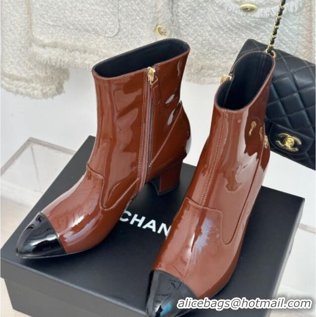 Grade Quality Chanel Patent Calfskin Ankle Boots 5cm Brown 081009