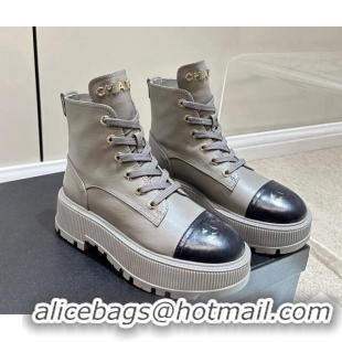 Unique Style Chanel Grained Calfskin Platform Ankle Boots Grey 081014