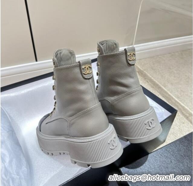 Unique Style Chanel Grained Calfskin Platform Ankle Boots Grey 081014