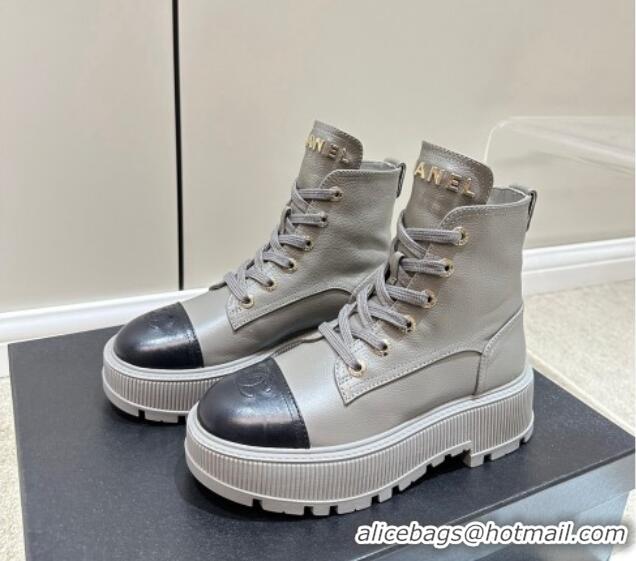 Unique Style Chanel Grained Calfskin Platform Ankle Boots Grey 081014