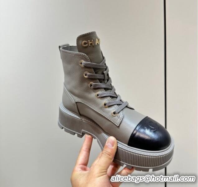 Unique Style Chanel Grained Calfskin Platform Ankle Boots Grey 081014