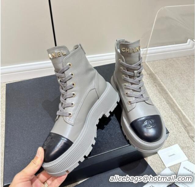 Unique Style Chanel Grained Calfskin Platform Ankle Boots Grey 081014