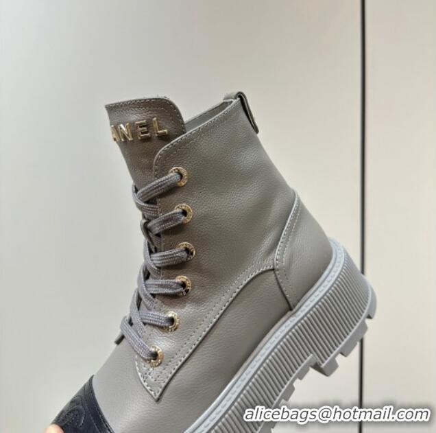 Unique Style Chanel Grained Calfskin Platform Ankle Boots Grey 081014