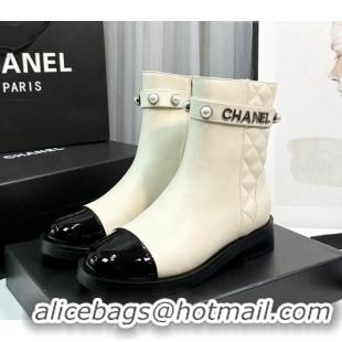 Purchase Chanel Calfskin & Patent Leather Ankle Boots with Pears Band White 814001