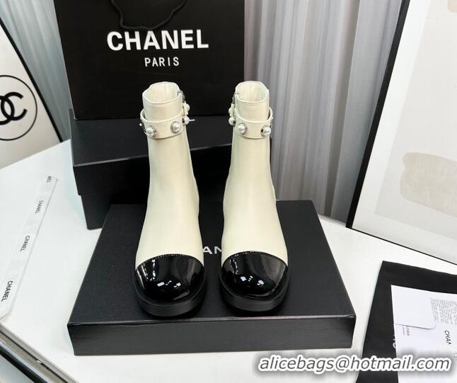 Purchase Chanel Calfskin & Patent Leather Ankle Boots with Pears Band White 814001