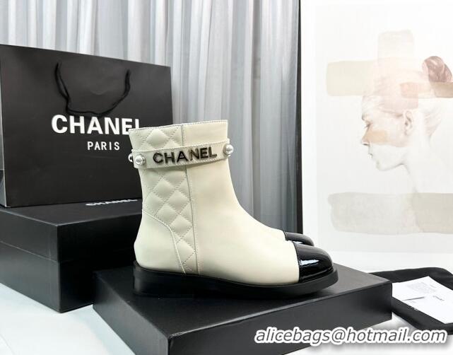 Purchase Chanel Calfskin & Patent Leather Ankle Boots with Pears Band White 814001