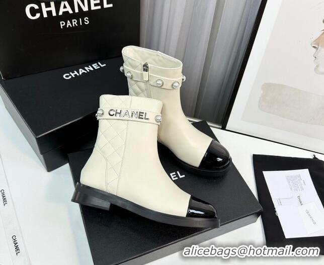 Purchase Chanel Calfskin & Patent Leather Ankle Boots with Pears Band White 814001