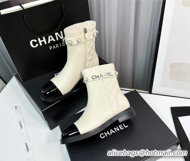 Purchase Chanel Calfskin & Patent Leather Ankle Boots with Pears Band White 814001