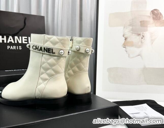 Purchase Chanel Calfskin & Patent Leather Ankle Boots with Pears Band White 814001