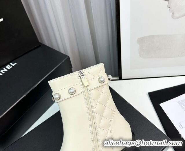 Purchase Chanel Calfskin & Patent Leather Ankle Boots with Pears Band White 814001