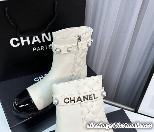 Purchase Chanel Calfskin & Patent Leather Ankle Boots with Pears Band White 814001