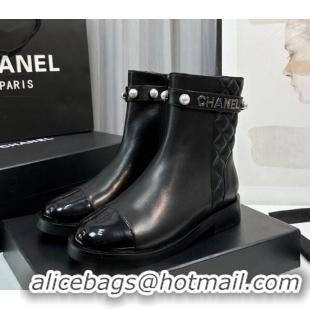 Good Quality Chanel Calfskin & Patent Leather Ankle Boots with Pears Band Black 814002