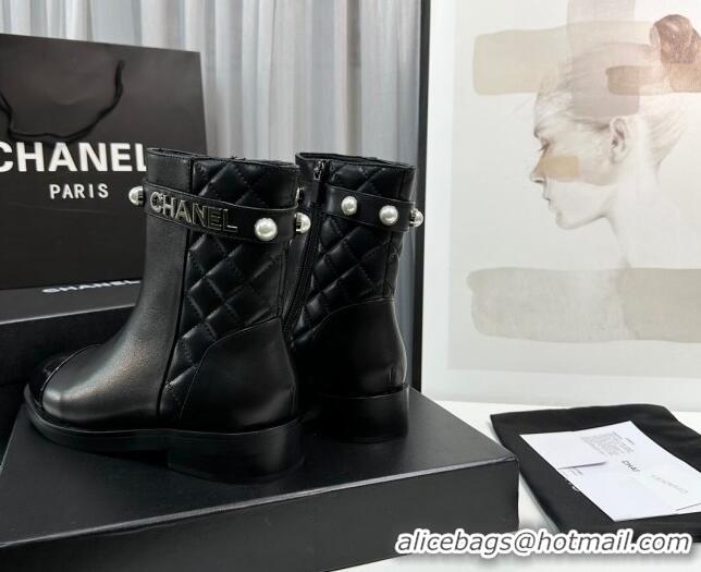 Good Quality Chanel Calfskin & Patent Leather Ankle Boots with Pears Band Black 814002