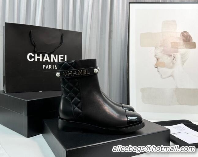 Good Quality Chanel Calfskin & Patent Leather Ankle Boots with Pears Band Black 814002