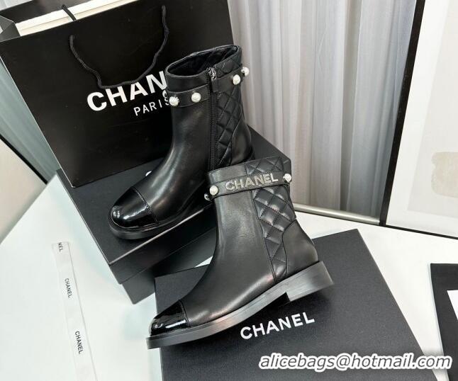 Good Quality Chanel Calfskin & Patent Leather Ankle Boots with Pears Band Black 814002