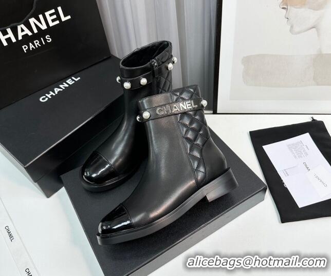 Good Quality Chanel Calfskin & Patent Leather Ankle Boots with Pears Band Black 814002