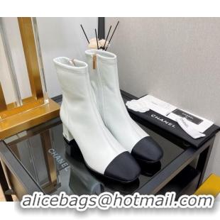 Best Grade Chanel Lambskin & Grosgrain CC Heeled Ankle Boots 5cm White 814003