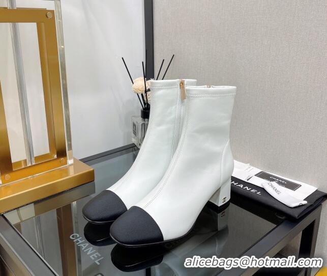 Best Grade Chanel Lambskin & Grosgrain CC Heeled Ankle Boots 5cm White 814003