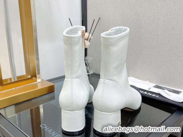 Best Grade Chanel Lambskin & Grosgrain CC Heeled Ankle Boots 5cm White 814003