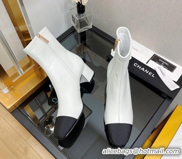 Best Grade Chanel Lambskin & Grosgrain CC Heeled Ankle Boots 5cm White 814003