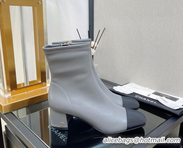 Pretty Style Chanel Lambskin & Grosgrain CC Heeled Ankle Boots 5cm Grey 814004