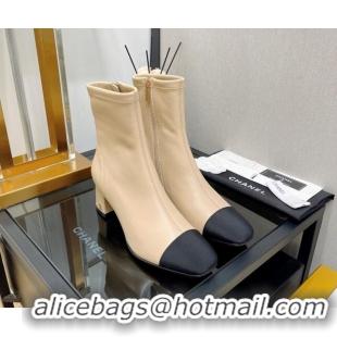 Top Grade Chanel Lambskin & Grosgrain CC Heeled Ankle Boots 5cm Beige 814005