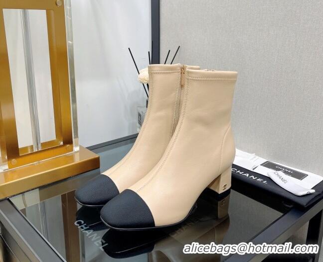 Top Grade Chanel Lambskin & Grosgrain CC Heeled Ankle Boots 5cm Beige 814005