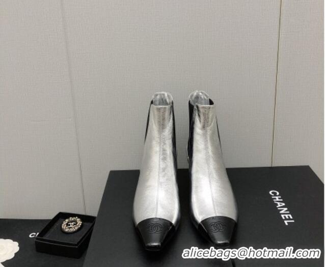 Good Looking Chanel Calfskin & Patent Leather Pointed Ankle Boots 4cm Silver 814006