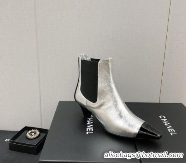 Good Looking Chanel Calfskin & Patent Leather Pointed Ankle Boots 4cm Silver 814006