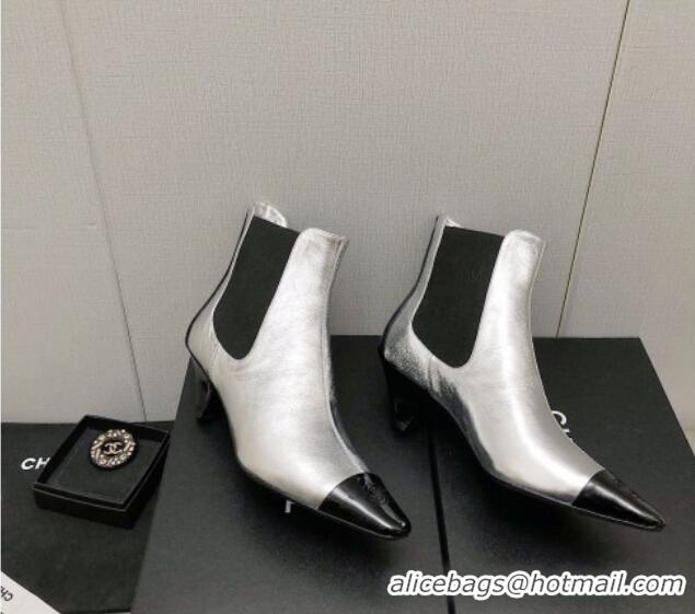 Good Looking Chanel Calfskin & Patent Leather Pointed Ankle Boots 4cm Silver 814006