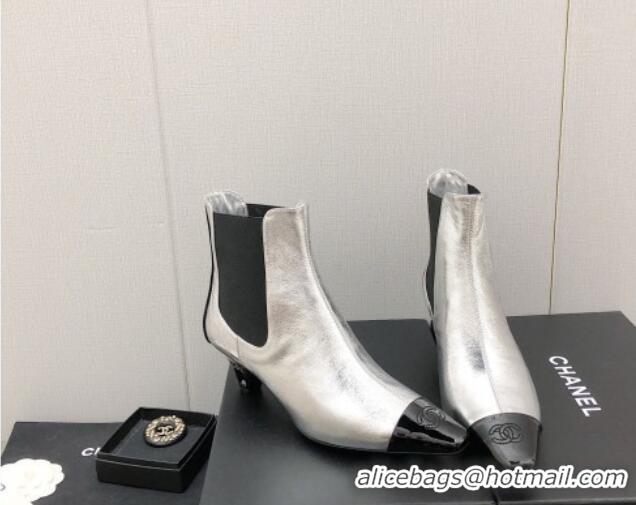 Good Looking Chanel Calfskin & Patent Leather Pointed Ankle Boots 4cm Silver 814006