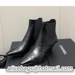 Popular Style Chanel Calfskin & Patent Leather Pointed Ankle Boots 4cm Black 814007