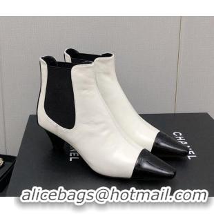 Low Cost Chanel Calfskin & Patent Leather Pointed Ankle Boots 4cm White 814008